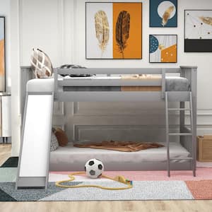Gray Twin Bunk Bed with Reversible Slide and Ladder, Wooden Bunk Bed Frame for Kids Teens