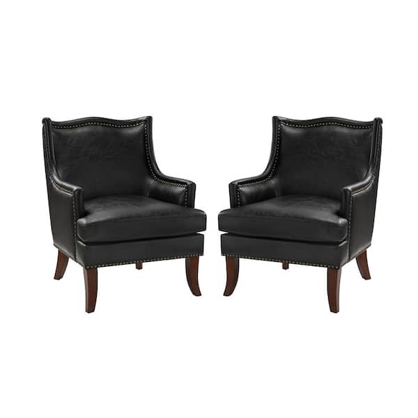 JAYDEN CREATION Laurenz Black Vegan Leather Arm Chair with Nailhead Trim (Set of 2)