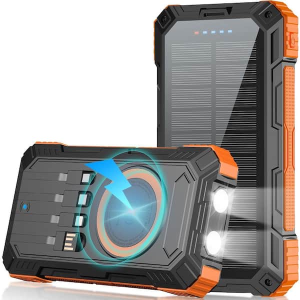49800mAh Wireless Solar Charger Power Bank in Orange with Fast Charging and Built-in Cables and Flashlight