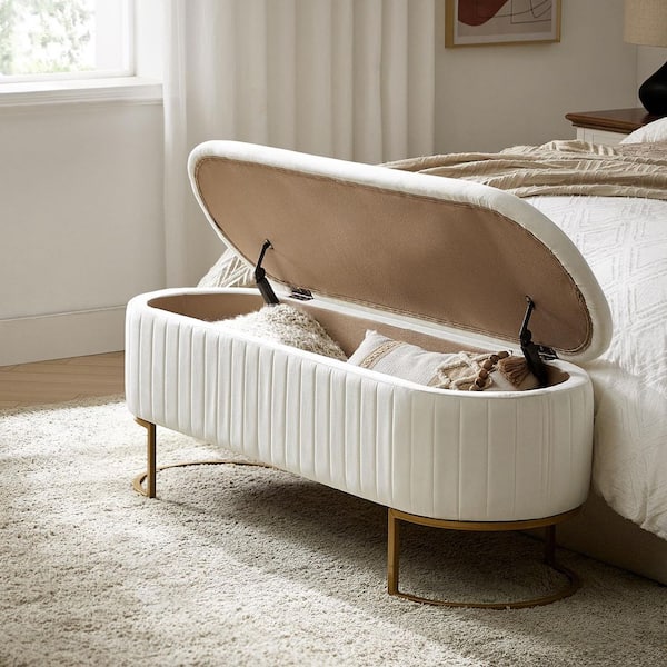JAYDEN CREATION Drotar Ivory Modern Storage Bench with Metal Base