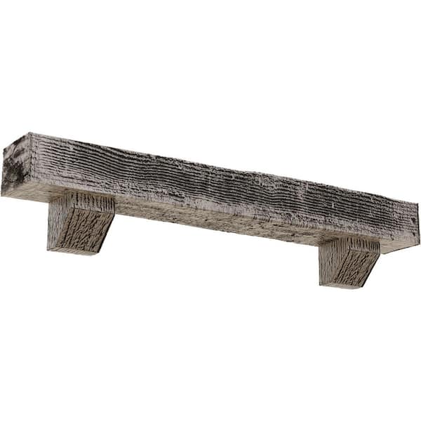 Ekena Millwork 4 in. x 6 in. x 3 ft. Rough Sawn Faux Wood Fireplace Mantel Kit with Ashford Corbels, Burnished Pine