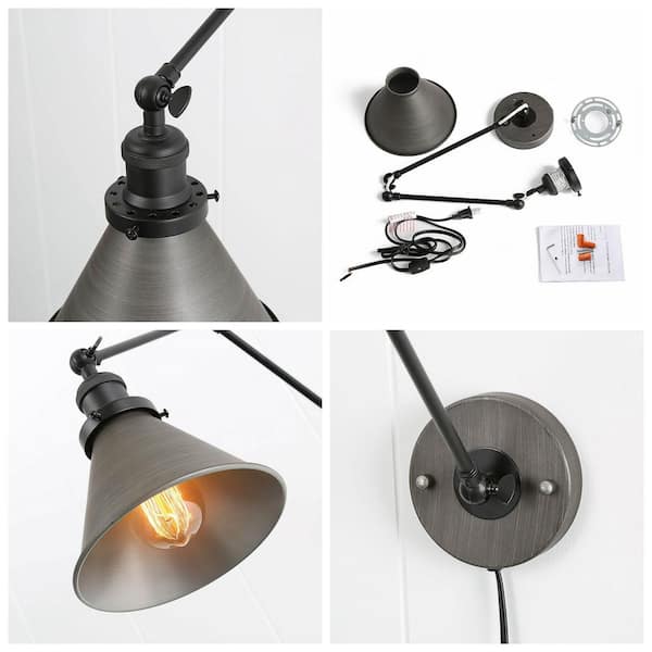 LNC Matte Black Industrial Wall Sconce 1-Light Bell Swing Arm Desk Lamp  Hardwired/Plug-In Modern Brass Wall Light NMZMEMHD12246W3 - The Home Depot