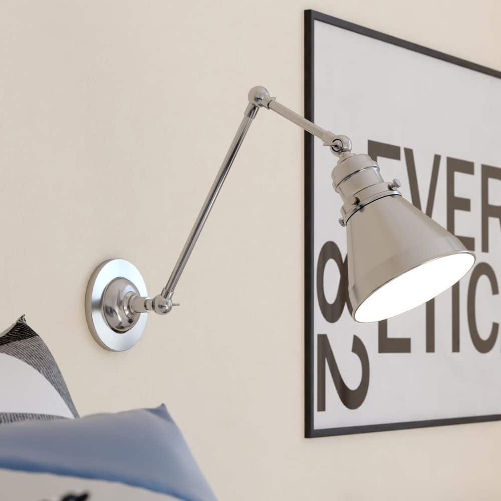 Satin Nickel and Matte White Adjustable Swing Arm Wall Lamp