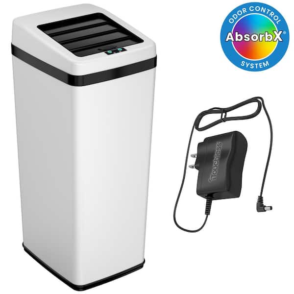 iTouchless 14 Gal. / 53 Liter White Sliding Lid Household Metal Trash Can with Sensor Lid and Odor Filter