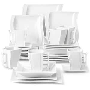 Flora 30-Piece White Porcelain Dinnerware Set Square Dinner Plates Cup and Saucer Set (Service for 6)