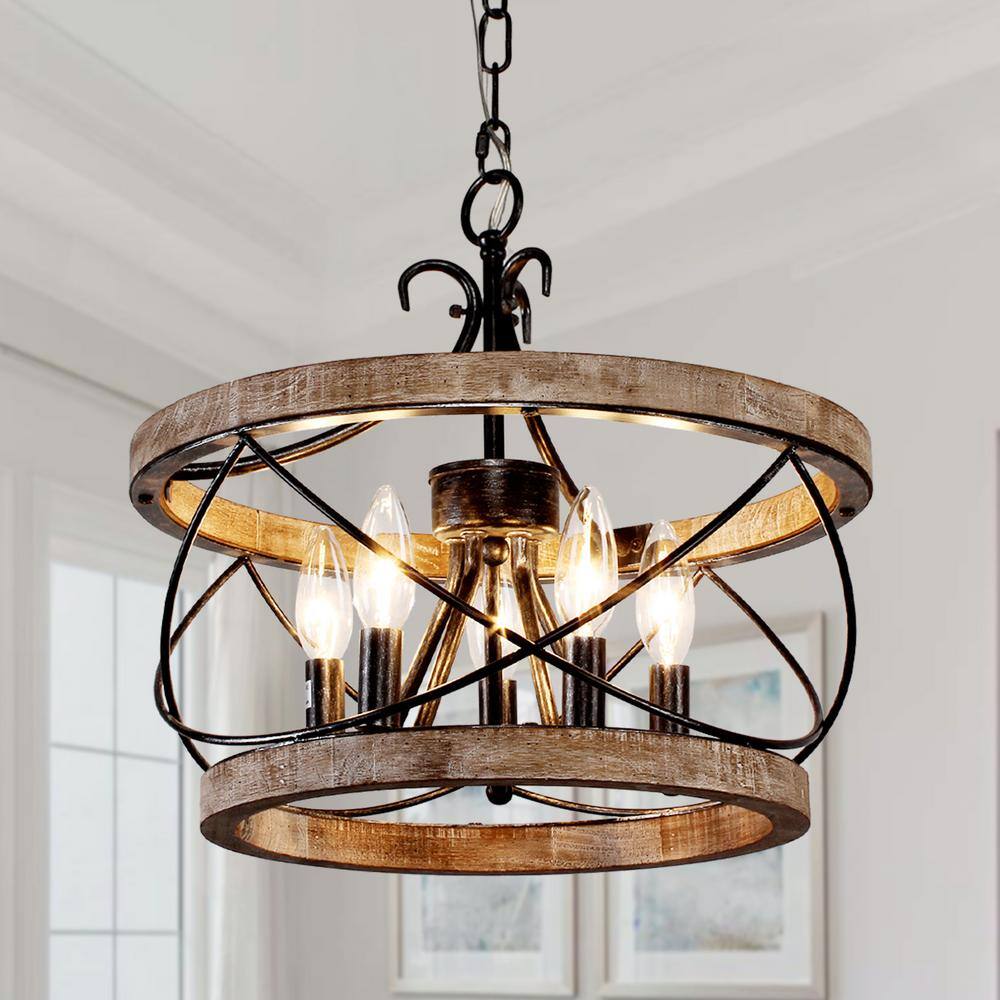 15.7" Weathered Wood Drum Farmhouse Chandelier with Adjustable Chain