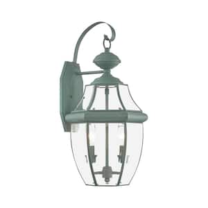 Aston 20.25 in. 2-Light Verdigris Outdoor Hardwired Wall Lantern Sconce with No Bulbs Included