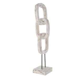 Cream Teak Wood Tall 3-Link Chain Sculpture with Stand