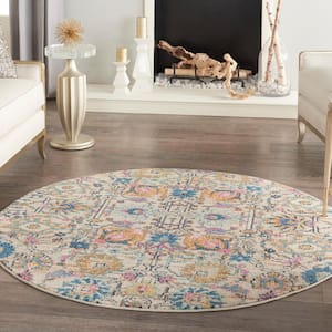 Passion Ivory/Multi 5 ft. x 5 ft. Floral Transitional Round Area Rug