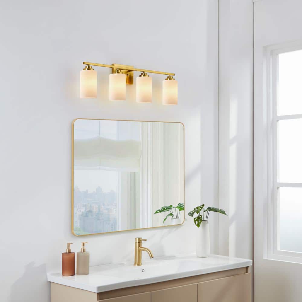 Gold Brass 4-Light Dimmable Vanity Light with Frosted Glass