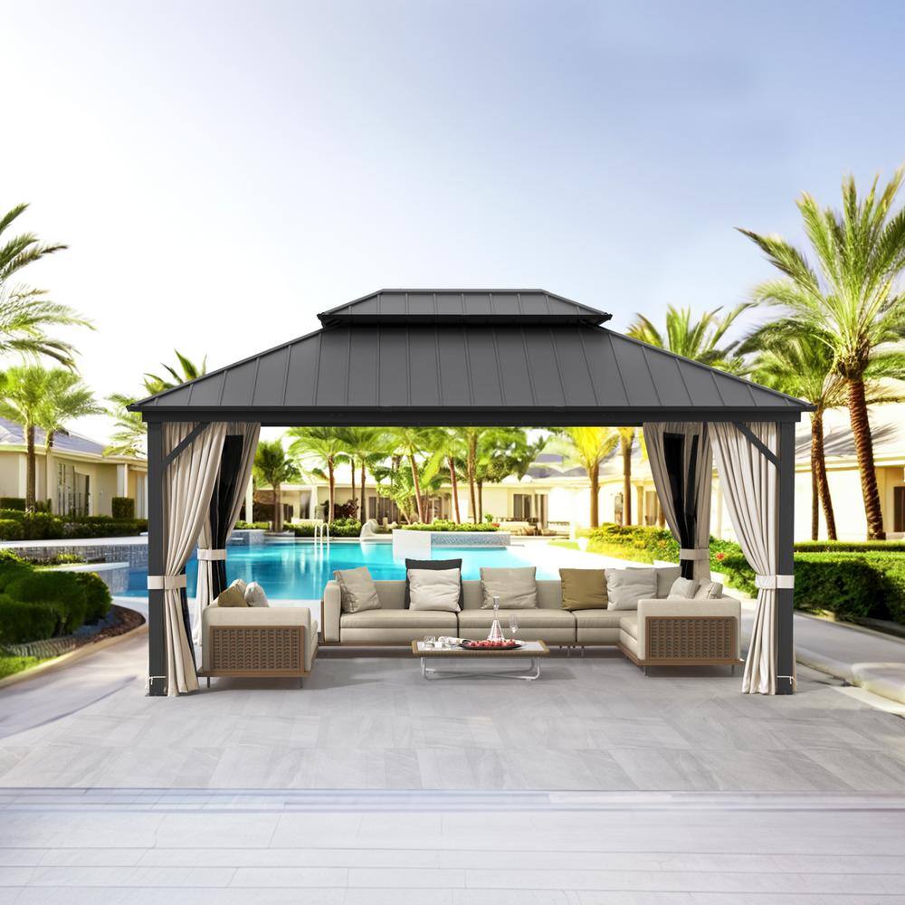 14'x10' Hardtop Gazebo - Metal Wall-Mounted Pergola For Patio & Backyard