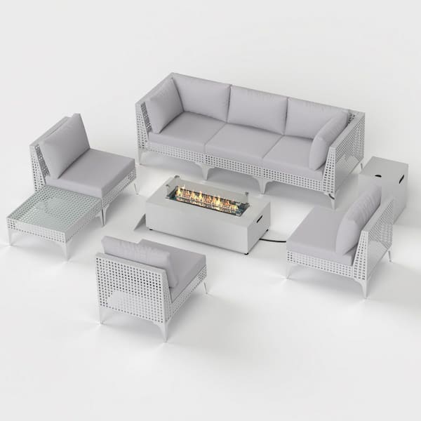 FINCATI (9-Piece) Outdoor Patio Furniture Set Wicker Conversation Set with Fire Pit Table, Light Gray Cushions and Coffee Table