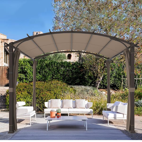 COOS BAY 11 ft. x 11 ft. Metal Patio Pergola with Adjustable Zippered Sidewall, Arched Roof, Textilene Canopy Shade, Tan