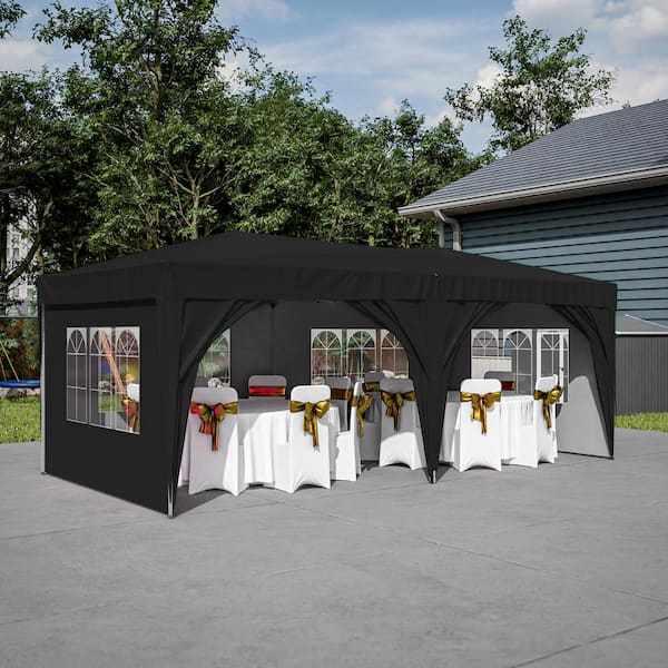 Unbranded 10 ft. x 20 ft. Outdoor Adjustable Pop Up Canopy Tent with Carry Bag, Sand Bags, Ropes, Stakes, Black for Parties