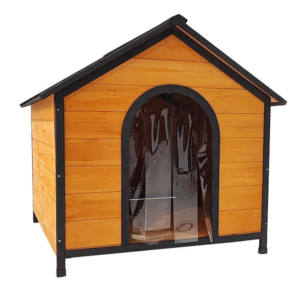 Tatayosi Outdoor Wooden Dog House with Roof, 2-Metal Bowls and Toy