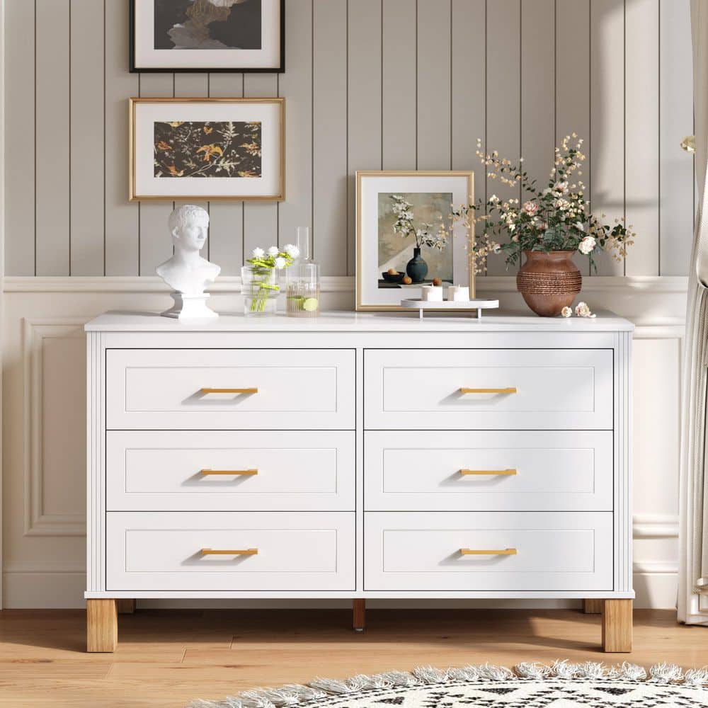 white dresser gold hardware Stella 6-Drawer Double Add fresh character to your room with this bright white wide dresser grounded by metallic gold accents Strand Pearl Shagreen 6-Drawer Double