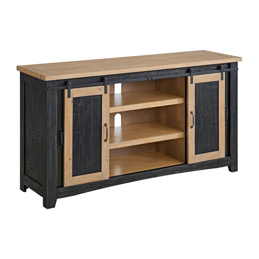 Rustic Black and Driftwood Pine Wood TV Stand with Cabinet