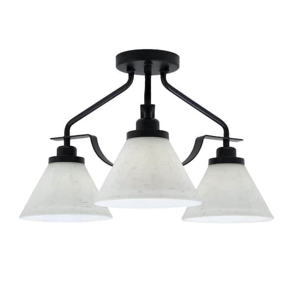 Unbranded Zara 14.5 in. 3-Light Matte Black Semi-Flush with 7 in. White Muslin. Glass Shades No Bulbs Included