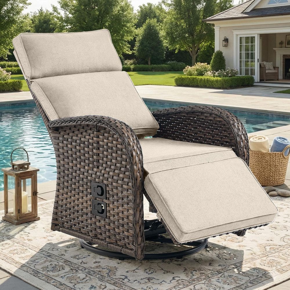 Carlos Outdoor Swivel Recliner Chair with Adjustable Backrest, 360° Swivel Wicker Patio Lounge Chair with Beige Cushions price history on PriceWatchPro