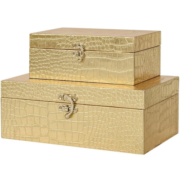 Unbranded Set of 2 Wooden Nesting Storage Boxes, Crocodile Leather with Clasp, Gold, 11 in. x 6.5 in. x 4.15 in.