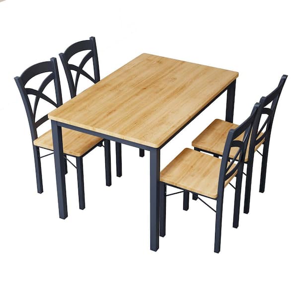 Sudzendf Black and Oak 5-Piece Wood Outdoor Dining Set with Metal Frame and 4-Chairs