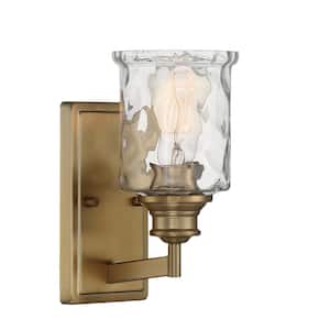 Drake 5 in. 1-Light Brushed Gold Modern Wall Sconce with Clear Hammered Glass Shade