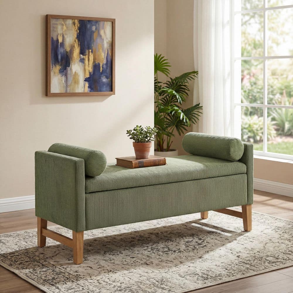 Marston Modern Olive Green Corduroy Fabric Upholstered Rectangle Storage Ottoman Bench with Pillows, Solid Wood Legs price history on PriceWatchPro