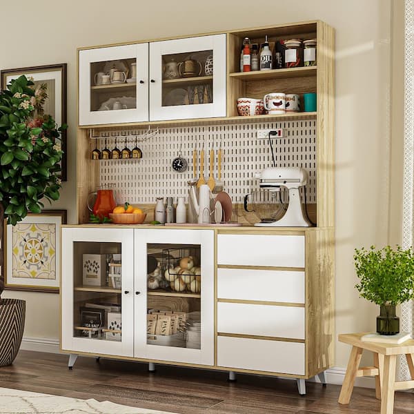 FUFU&GAGA White Wood 63 in. W Buffet Kitchen Cabinet With Hutch Pantry Cabinet with Plug Board, Wine Rack, Drawers, Hooks