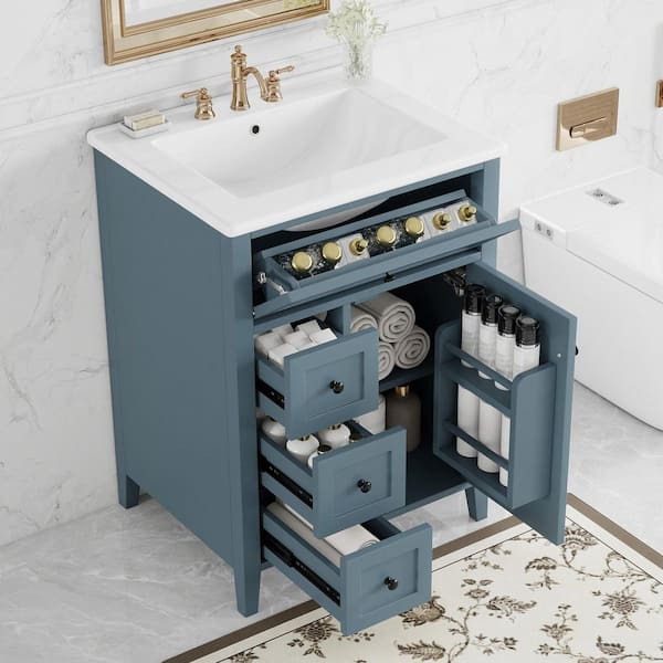 24 in. Blue Gray Bath Vanity with White Ceramic Top with Sink, Adjustable Shelves, 3-Drawers and Cabinet