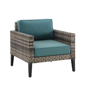 Prescott Brown Wicker Outdoor Lounge Chair with Mineral Blue Cushions