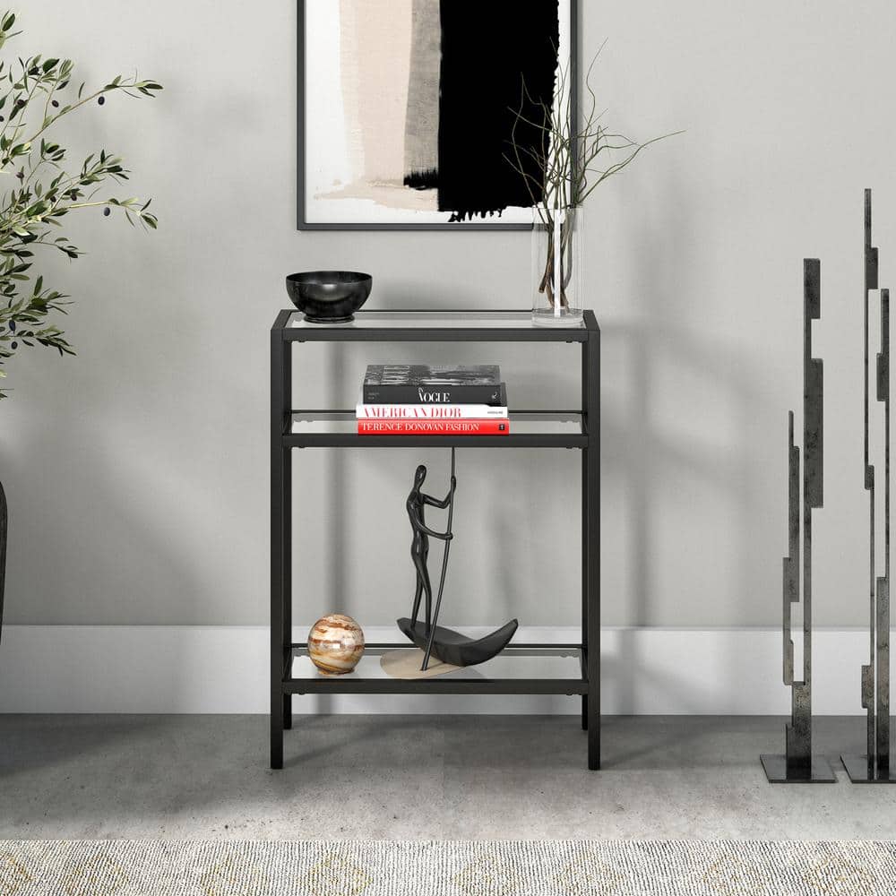 Compact Blackened Bronze 22" Metal & Glass Console Table with Shelves