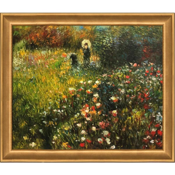 LA PASTICHE Woman with a parasol in a Garden by Pierre-Auguste Renoir Muted Gold Glow Framed People Art Print 24 in. x 28 in.