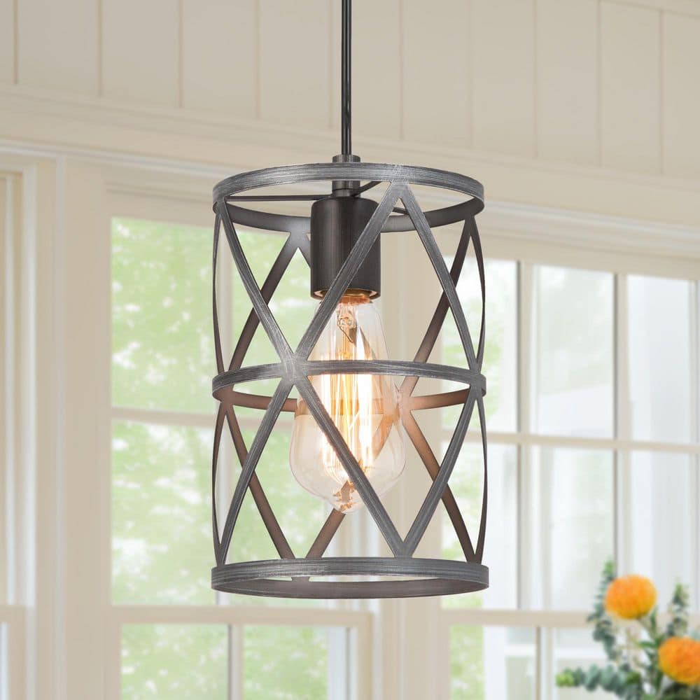 Modern Industrial Brushed Grey Drum Pendant Light with Open Cage Shade 1-Light Pendant Light for Kitchen Island Foyer price history on PriceWatchPro