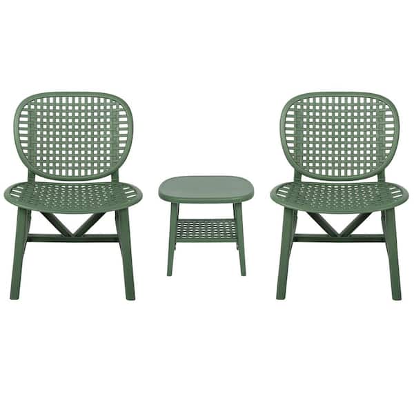 Angel Sar Green 3-Piece Plastic Hollow Design Retro Patio Table Chair Set All Weather Outdoor Bistro Set