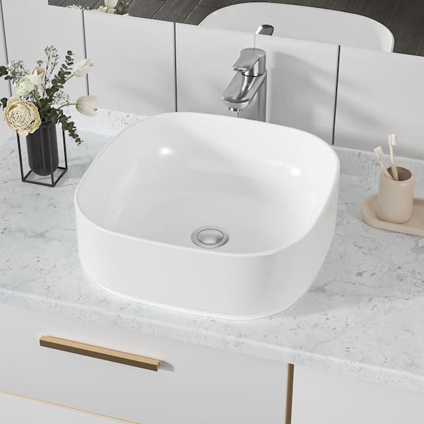 16 in. Ceramic Square Vessel Bathroom Sink in White