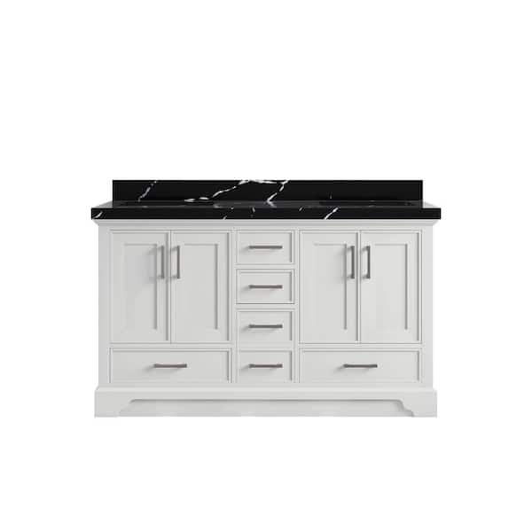Willow Collections Charlotte 60 in. Double Sink Freestanding White Bath Vanity with Calacatta Black Qt. Top Unassembled