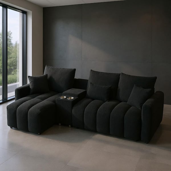 WJZDMC 91.73 in. Square Arm Fabric Rectangle Sofa with Plush Cushions and Throw Pillows in Raven Black & Urban Charcoal
