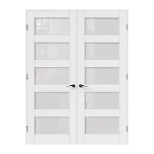 56 in. x 80 in. 5-Lite Frosted Glass Universal White Solid Core Wood Assembly Required Double French Door with Frame