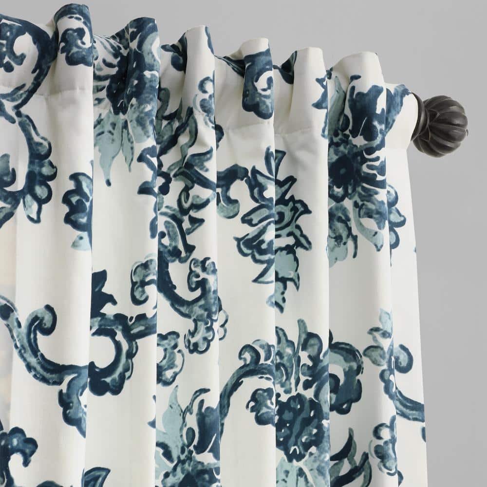 Blue Floral Cotton Room-Darkening Drapes with Hidden Tabs