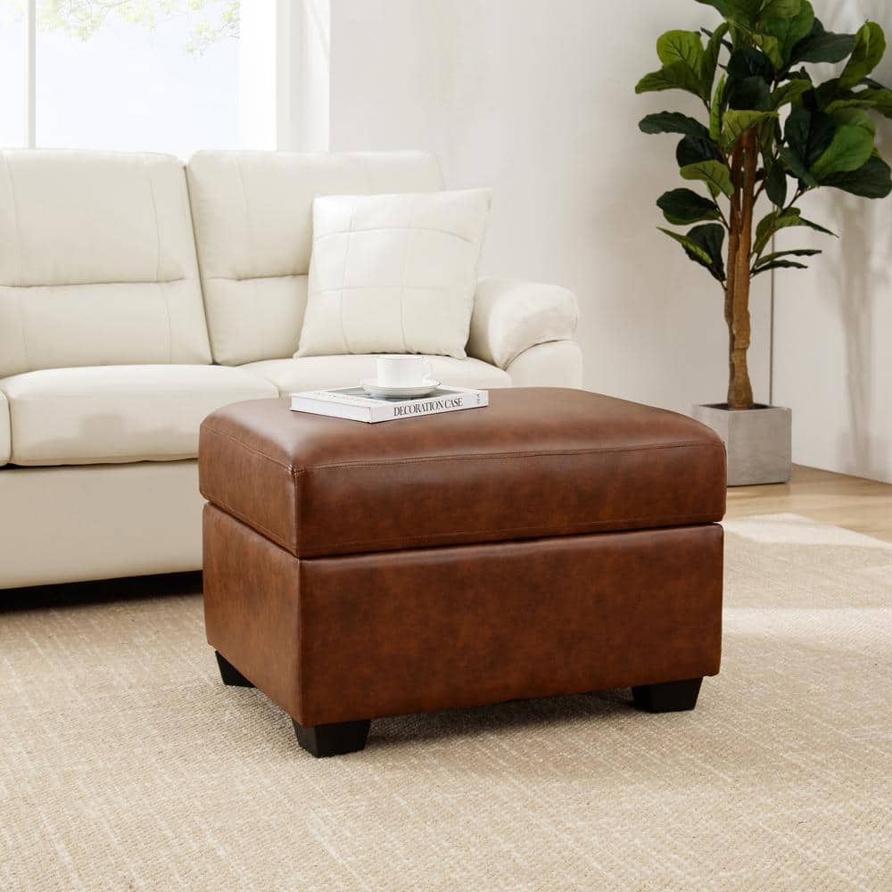 Morden Fort Modern Brown Rectangle Faux Leather Ottoman with