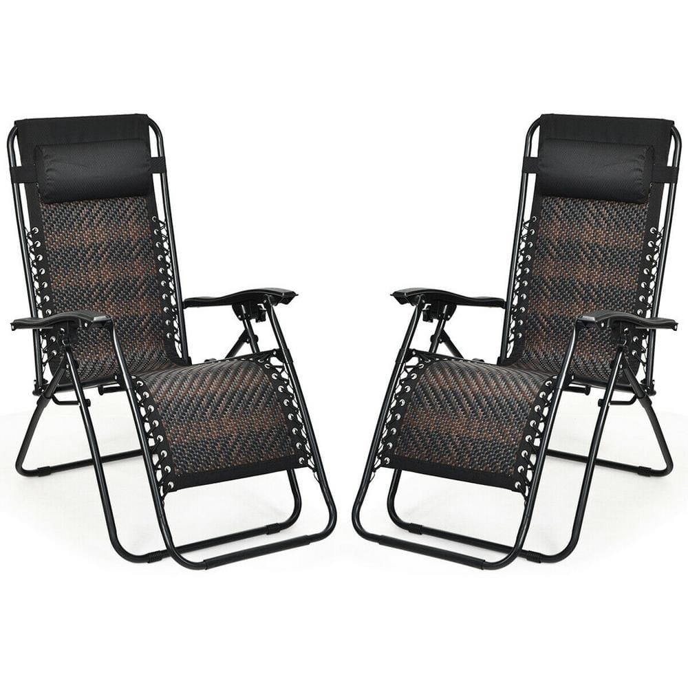 Brown and Black 2-Piece Metal Folding and Reclining Zero Gravity Lawn Chair