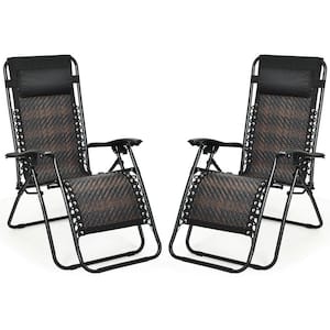 Brown and Black 2-Piece Metal Folding and Reclining Zero Gravity Lawn Chair with Removable Headrest