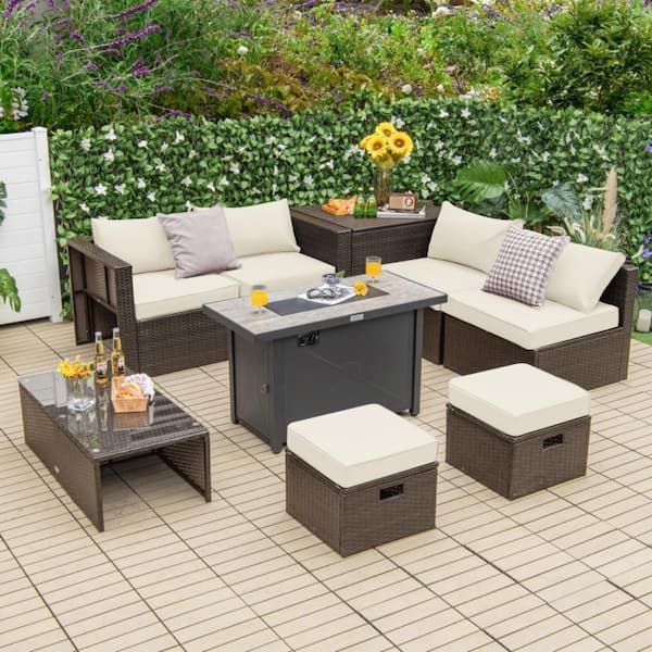 Kadehome Outdoor 9-Piece Brown Patio Wicker Furniture Set with 42 in. Propane Patio Fire Pit Table and White Cushions