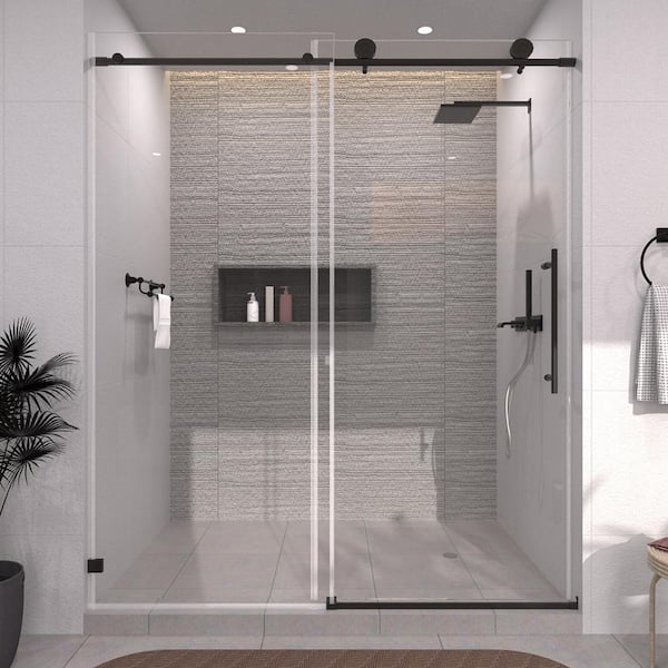 TaiMei 60 in. W x 76 in. H Sliding Semi-Frameless Shower Door in Matte Black Finish with Clear Glass