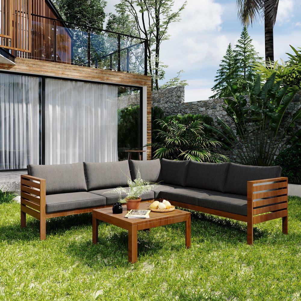 Acacia Wood Outdoor Sectional Set with Gray Cushions