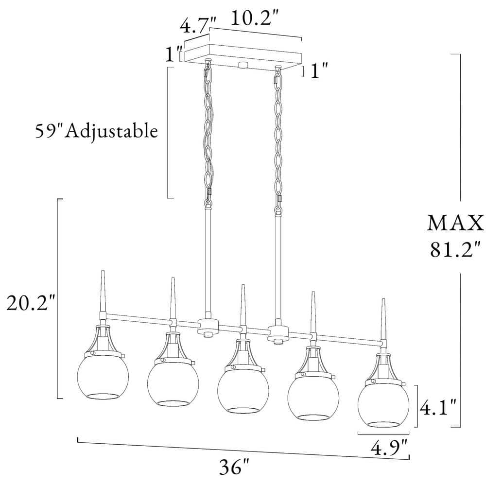 Black and Brass 5-Light Linear Chandelier with Glass Shades