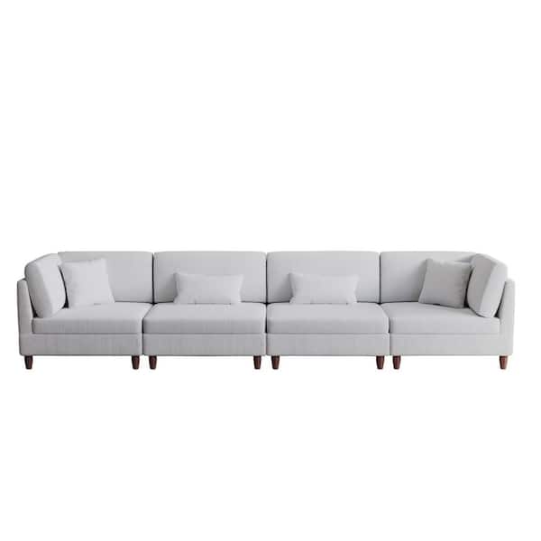 160.5 in. Straight Arm 4-Piece Corduroy Upholstered 4-Seater Sectional Sofa in. Sea Salt Gray