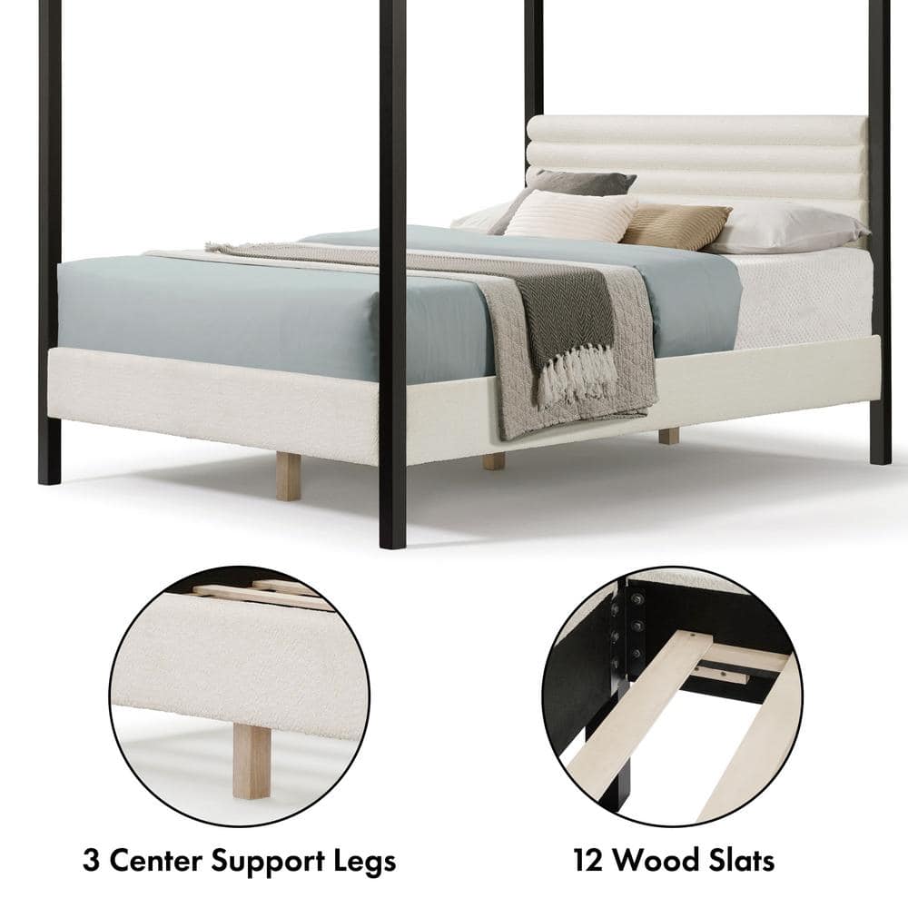 White Queen Canopy Bed with Upholstered Headboard and Wood Frame