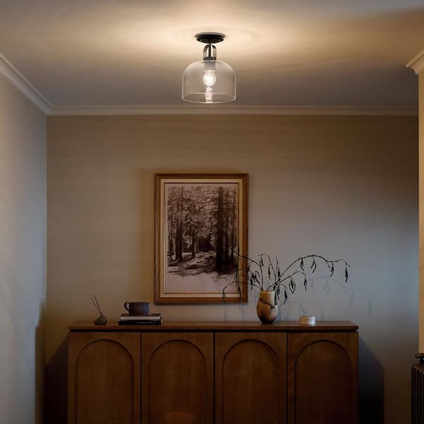 Kaelix 10 in. 1-Light Semi Flush with Clear Glass in Black