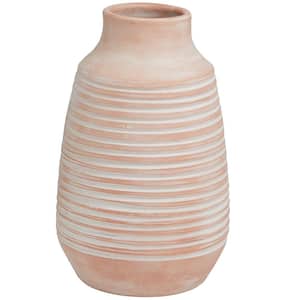 15 in. Pink Whitewashed Ribbed Ceramic Decorative Vase